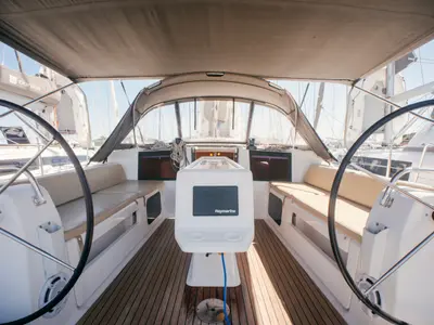 Cockpit of Francesca II, a Dufour 412 Grand large sailboat at Olbia, Italy