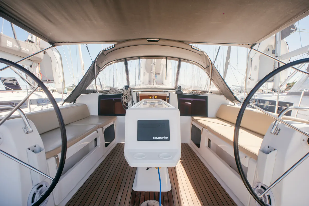 Cockpit of Francesca II, a Dufour 412 Grand large sailboat at Olbia, Italy