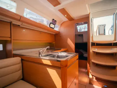 Galley of Francesca II, a Dufour 412 Grand large sailboat at Olbia, Italy