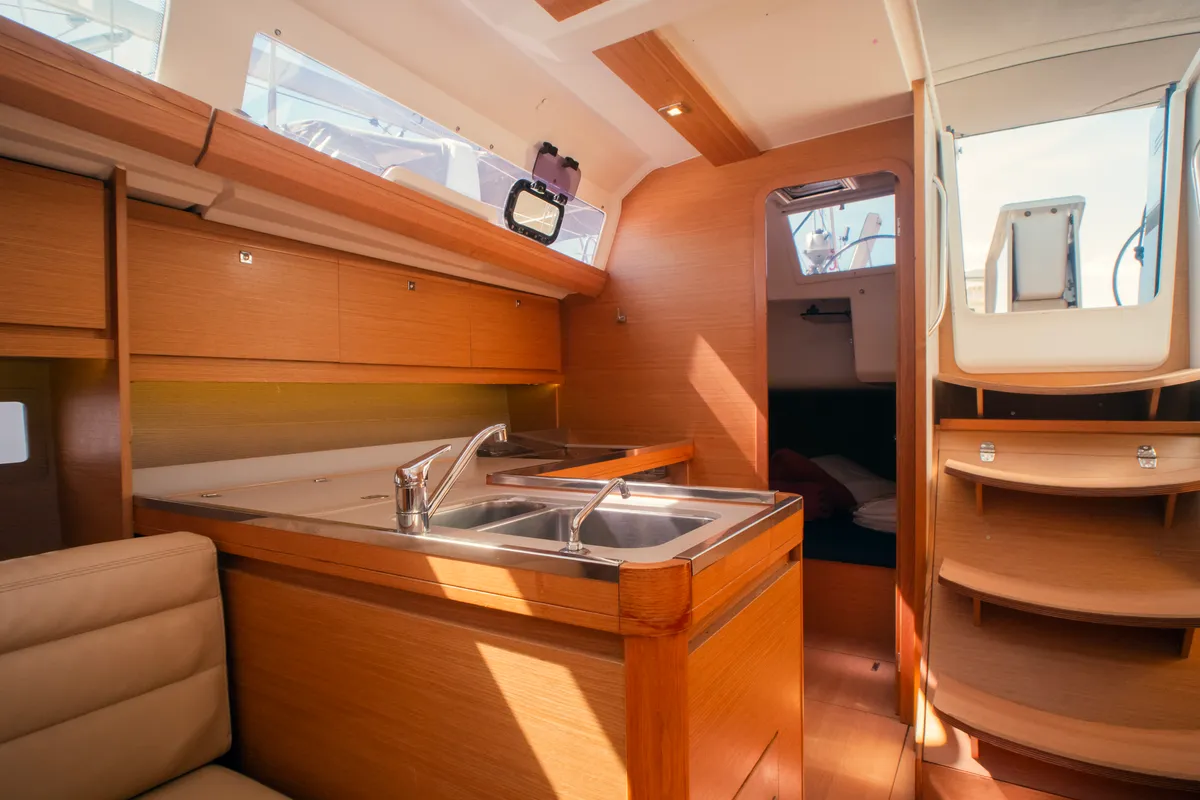 Galley of Francesca II, a Dufour 412 Grand large sailboat at Olbia, Italy