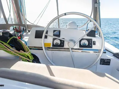 Cockpit of Kos 42.10, a Bali 4.2 catamaran at Athens, Greece