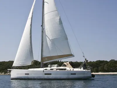 Exterior view of Fantasea, a Dufour 460 Grand Large sailboat at Lefkada, Greece