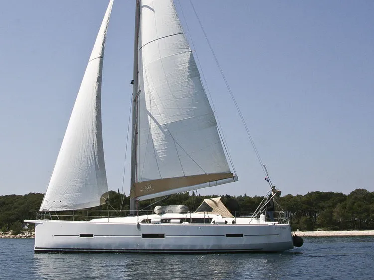 Exterior view of Fantasea, a Dufour 460 Grand Large sailboat at Lefkada, Greece