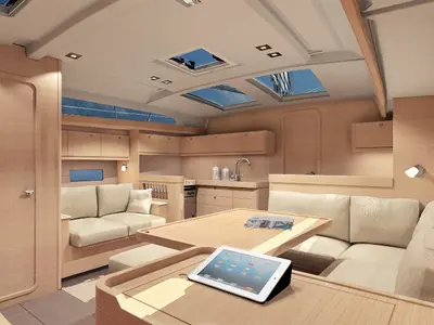 Salon of Fantasea, a Dufour 460 Grand Large sailboat at Lefkada, Greece