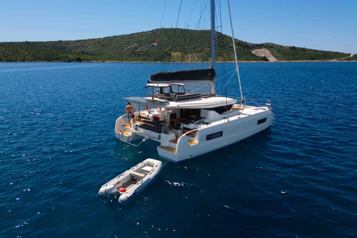 Exterior view of Lotti, a Lagoon 43 catamaran at Grad Šibenik, Croatia