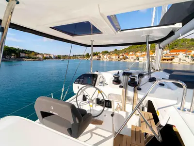 Cockpit of Lotti, a Lagoon 43 catamaran at Grad Šibenik, Croatia
