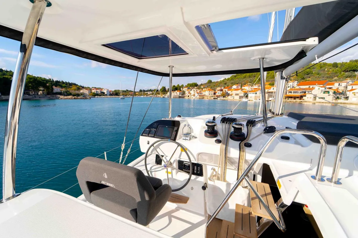 Cockpit of Lotti, a Lagoon 43 catamaran at Grad Šibenik, Croatia