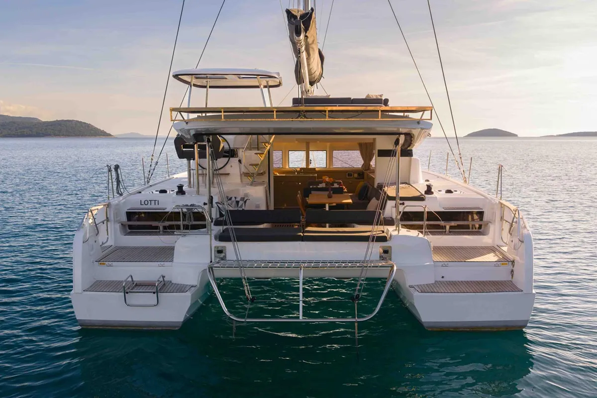 Exterior view of Lotti, a Lagoon 43 catamaran at Grad Šibenik, Croatia