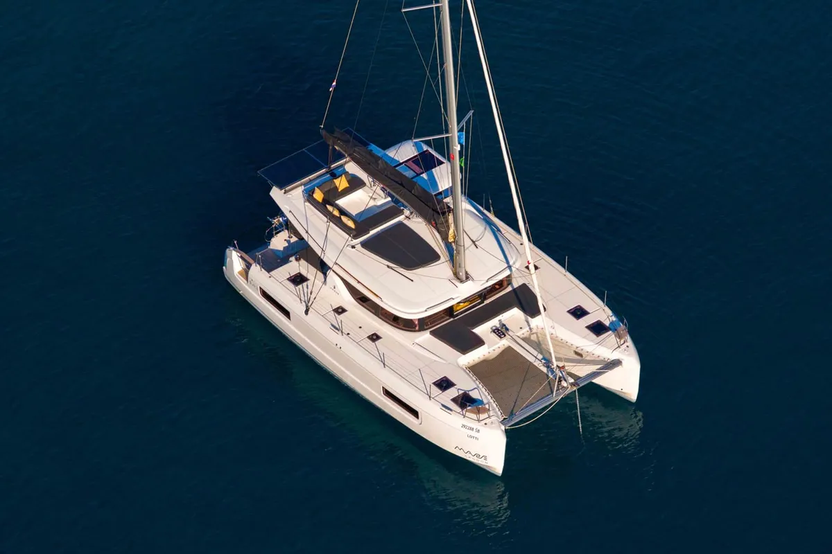 Exterior view of Lotti, a Lagoon 43 catamaran at Grad Šibenik, Croatia
