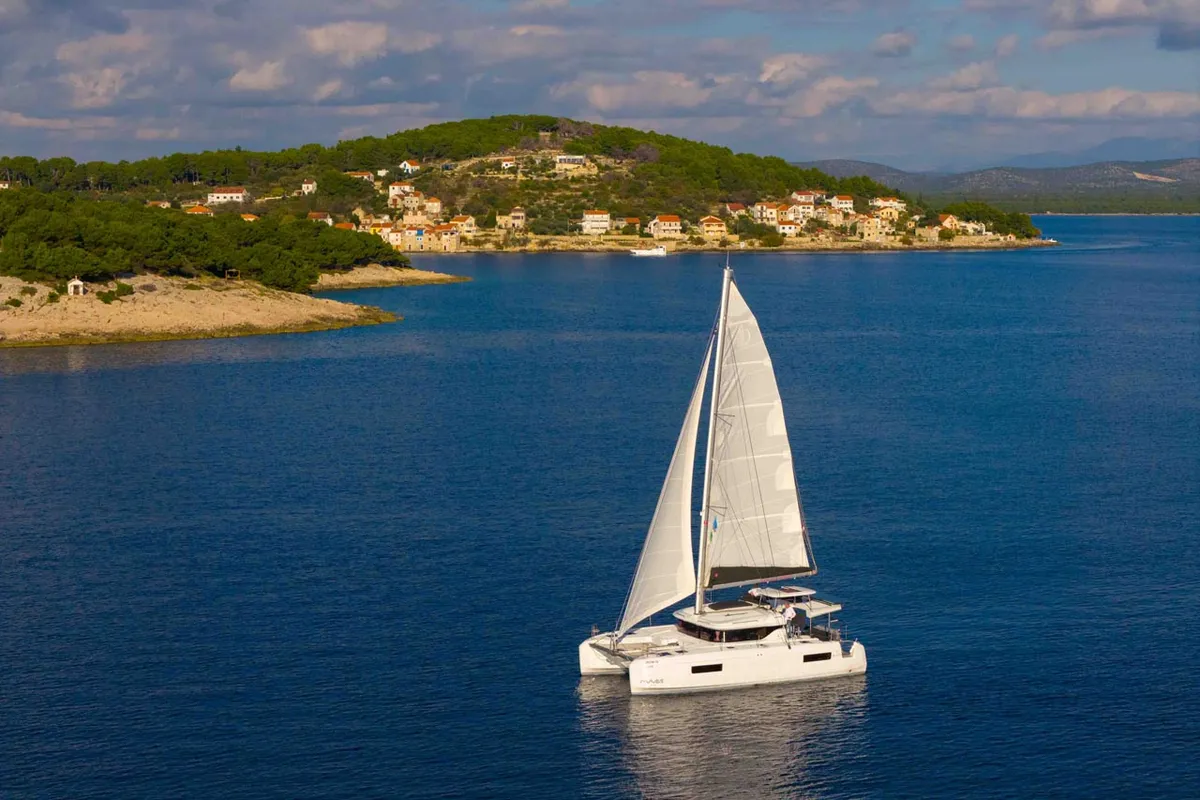 Exterior view of Lotti, a Lagoon 43 catamaran at Grad Šibenik, Croatia