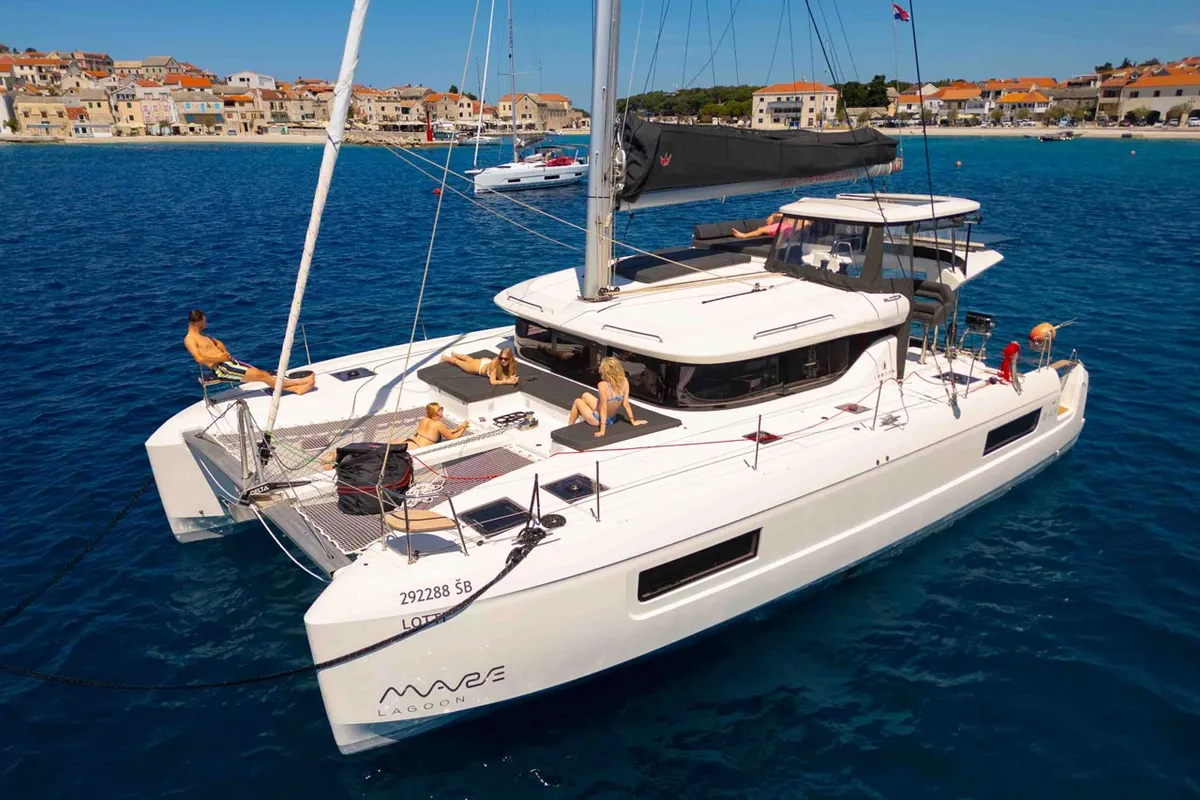 Exterior view of Lotti, a Lagoon 43 catamaran at Grad Šibenik, Croatia