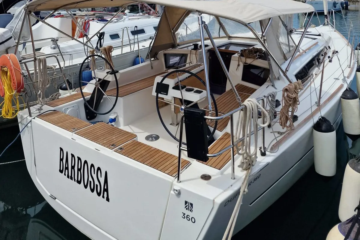 Exterior view of Barbossa, a Dufour 360 Grand Large sailboat at Cagliari, Italy