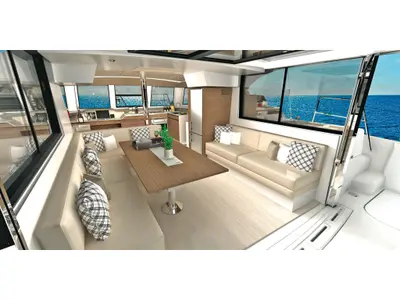 Salon of PIGASOS, a Bali Catspace catamaran at Preveza, Greece