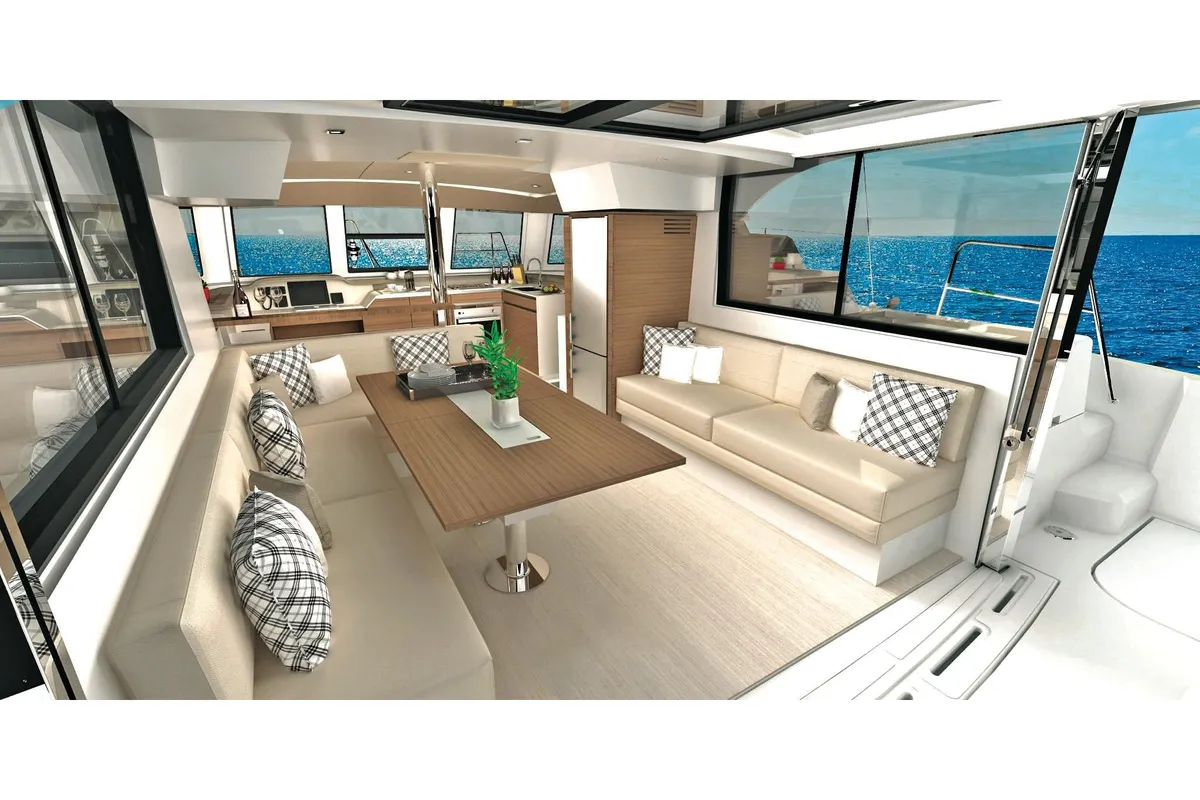 Salon of PIGASOS, a Bali Catspace catamaran at Preveza, Greece