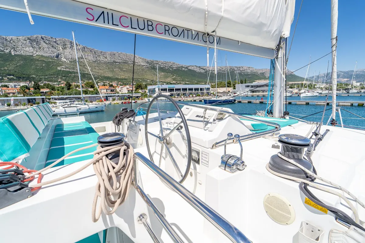 Cockpit of Orlando, a Lagoon 450 F catamaran at Grad Kaštela, Croatia
