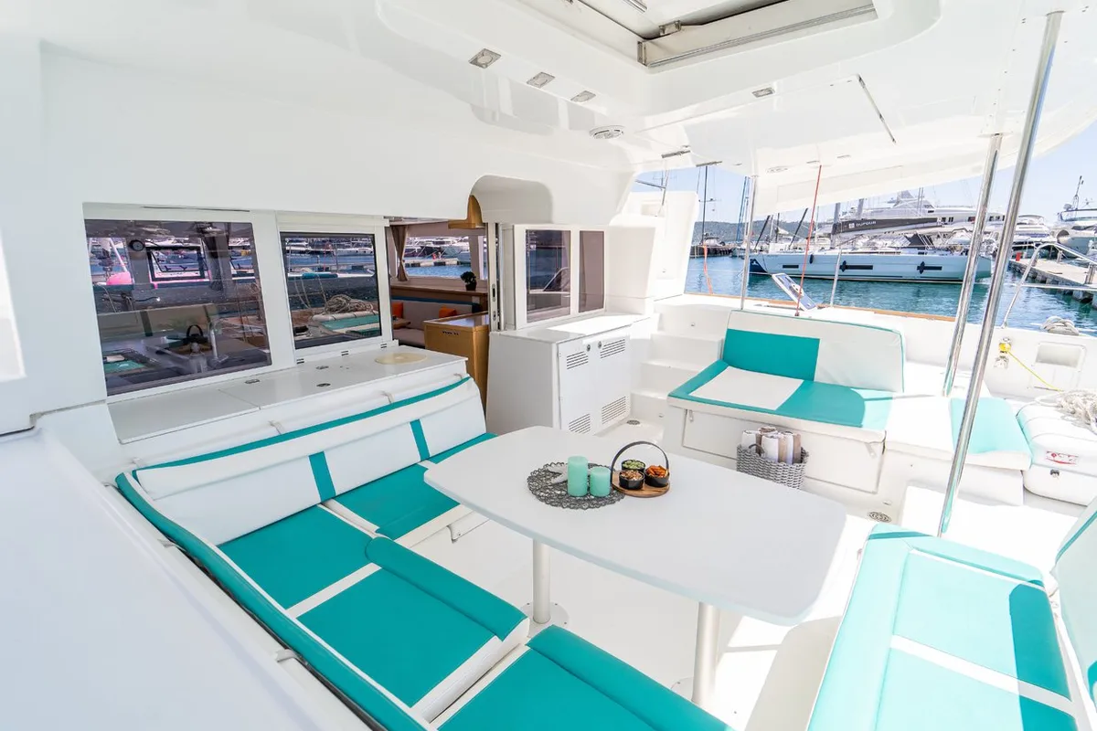 Deck of Orlando, a Lagoon 450 F catamaran at Grad Kaštela, Croatia