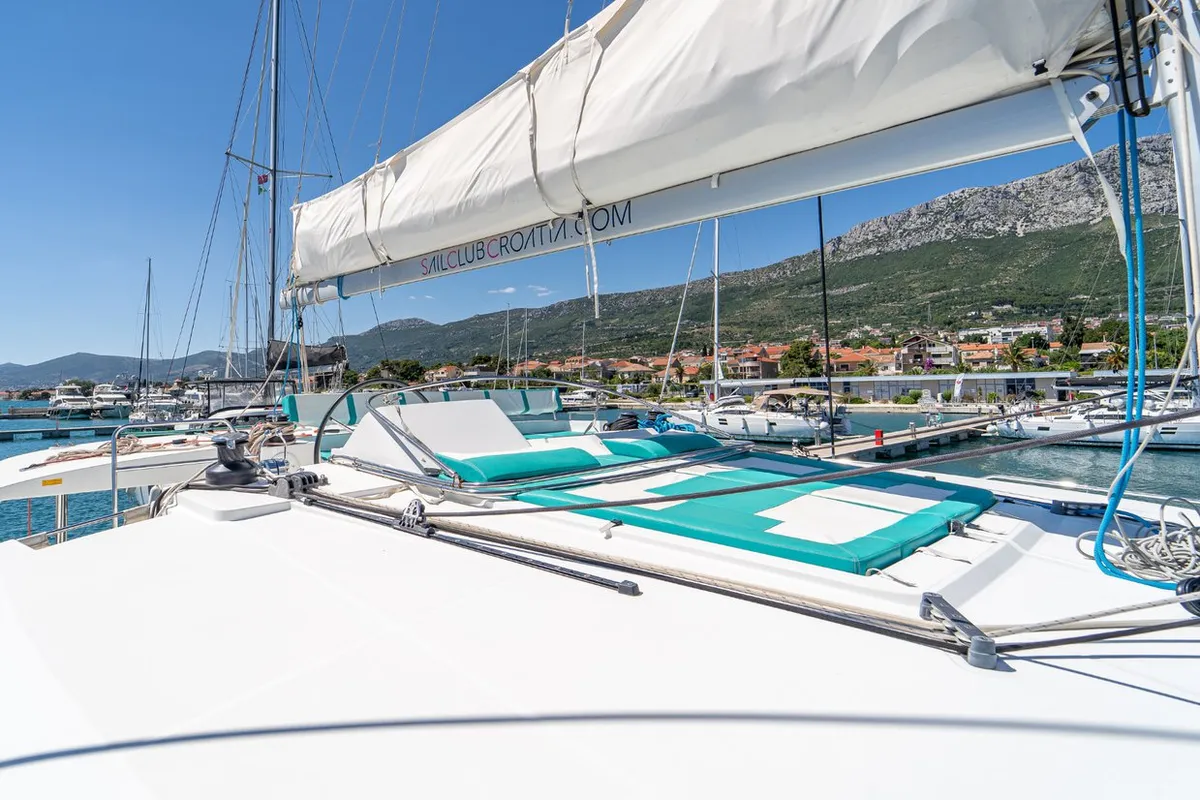 Deck of Orlando, a Lagoon 450 F catamaran at Grad Kaštela, Croatia