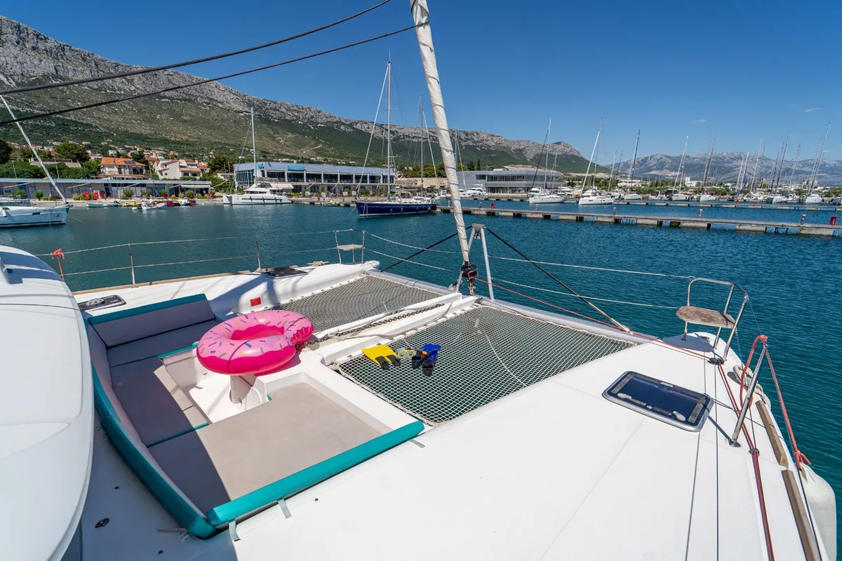 Deck of Orlando, a Lagoon 450 F catamaran at Grad Kaštela, Croatia