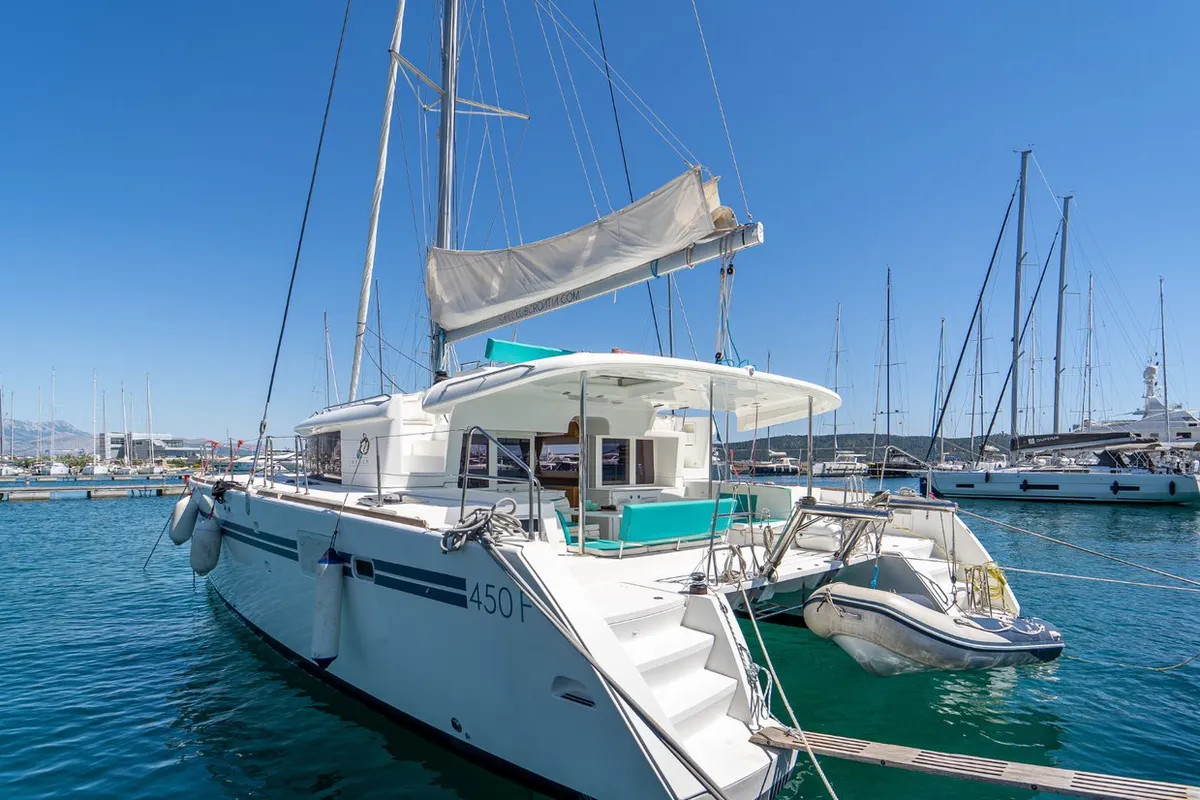 Exterior view of Orlando, a Lagoon 450 F catamaran at Grad Kaštela, Croatia