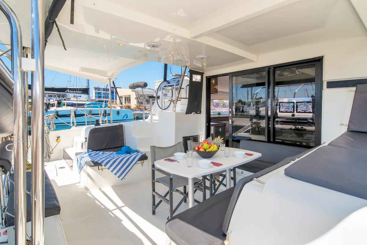 Deck of Ionas, a Lagoon 42 catamaran at Municipal Unit of Rhodes, Greece
