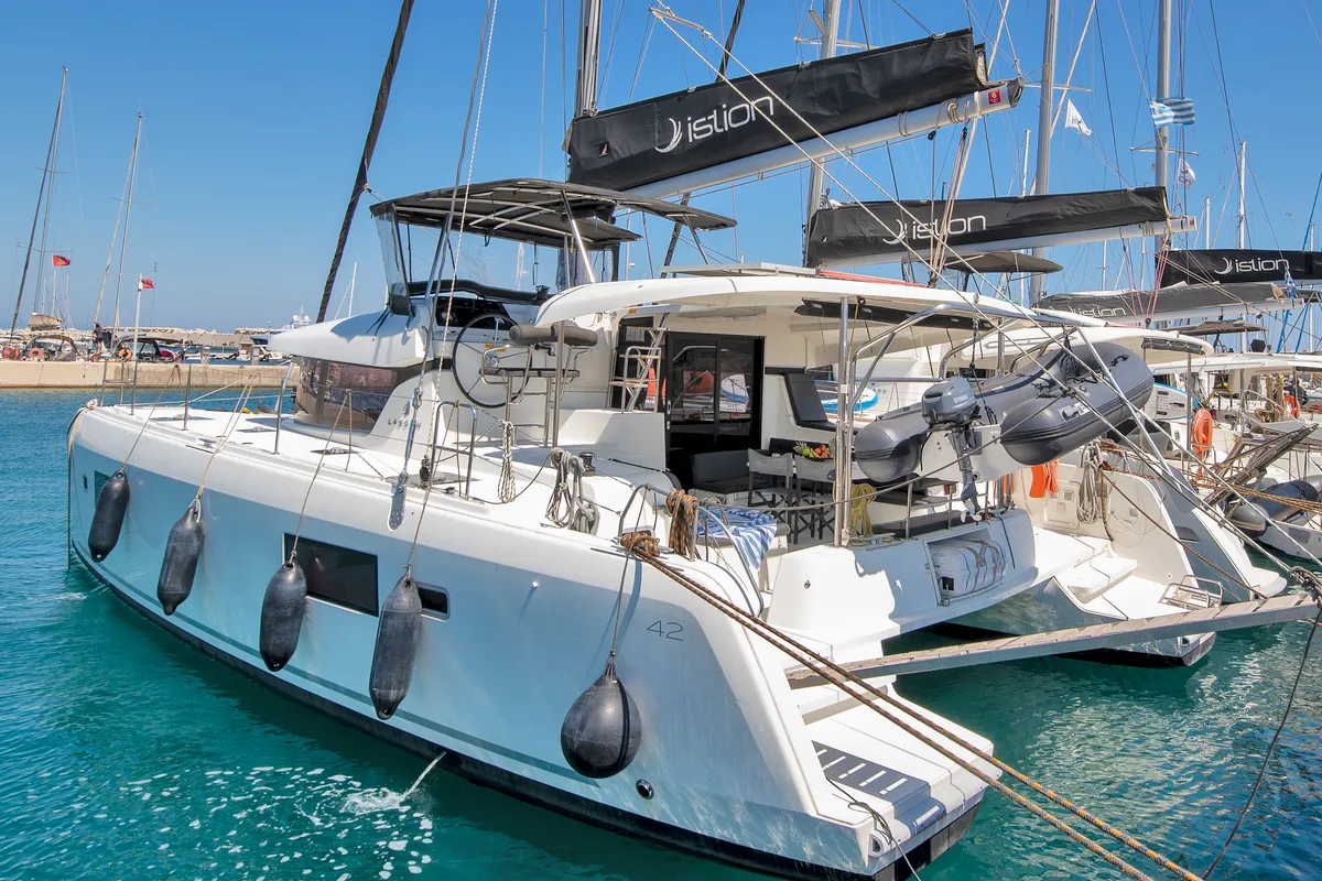 Exterior view of Ionas, a Lagoon 42 catamaran at Municipal Unit of Rhodes, Greece