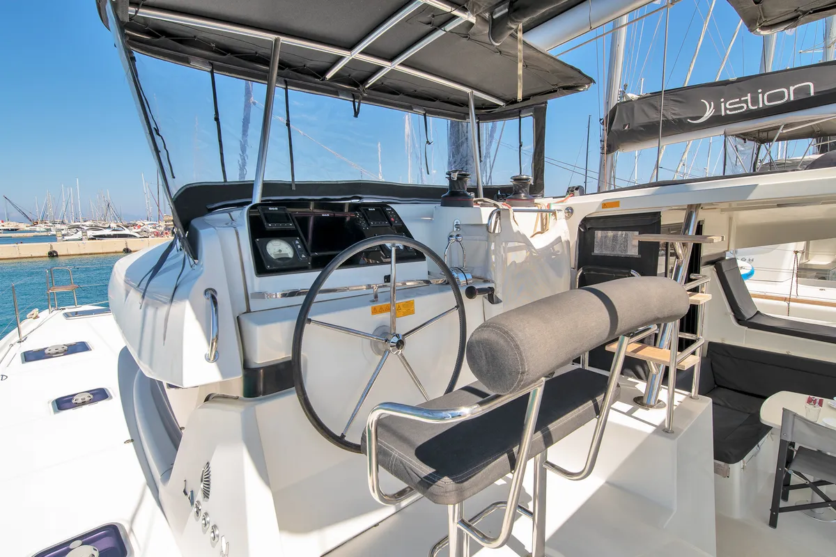 Cockpit of Ionas, a Lagoon 42 catamaran at Municipal Unit of Rhodes, Greece