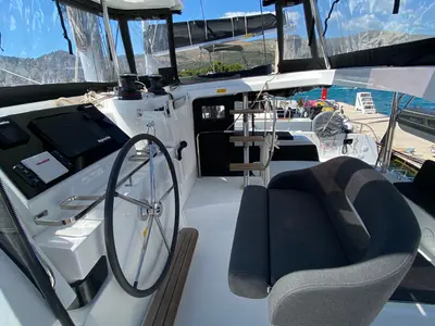 Cockpit of Hanselli, a Lagoon 42 catamaran at Trogir, Croatia