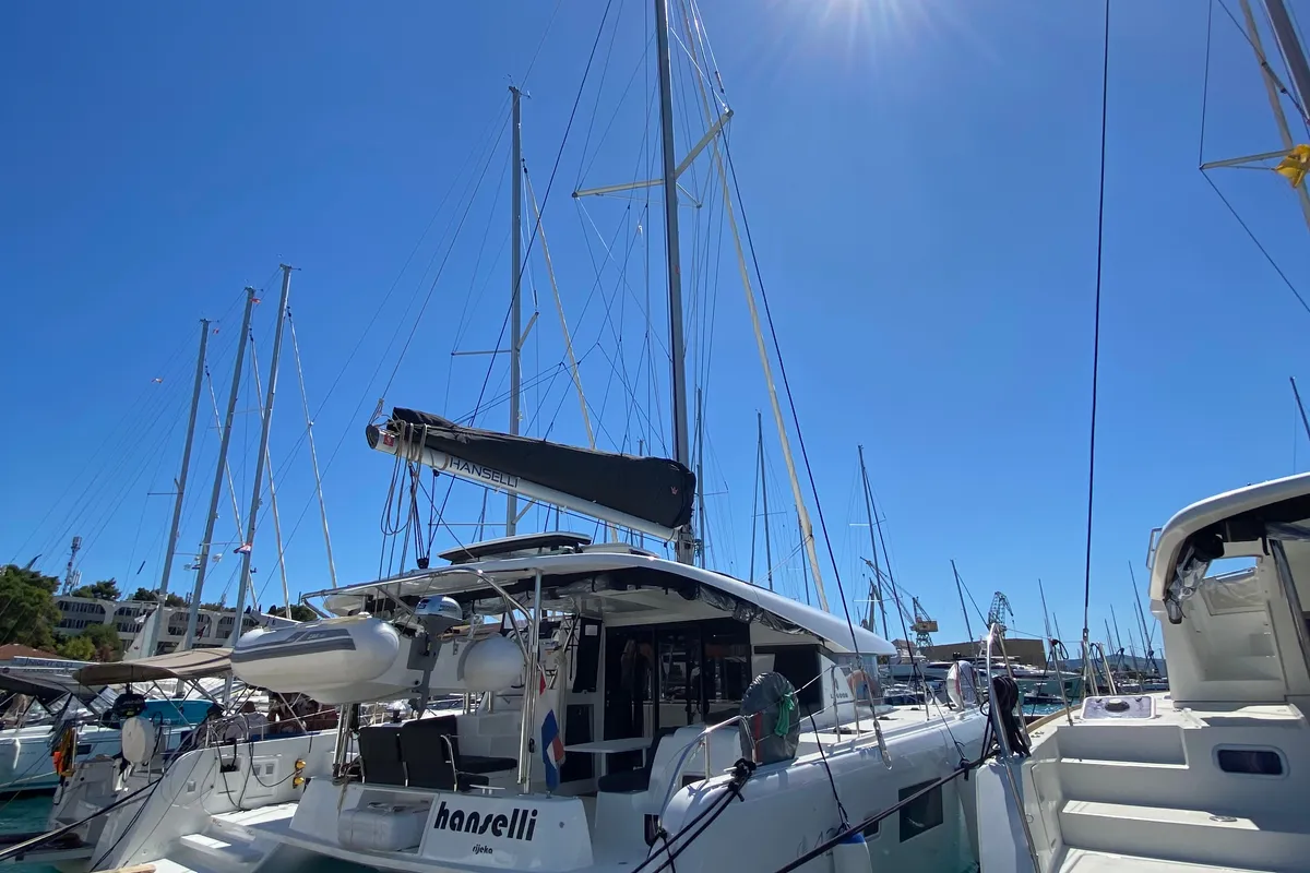Exterior view of Hanselli, a Lagoon 42 catamaran at Trogir, Croatia