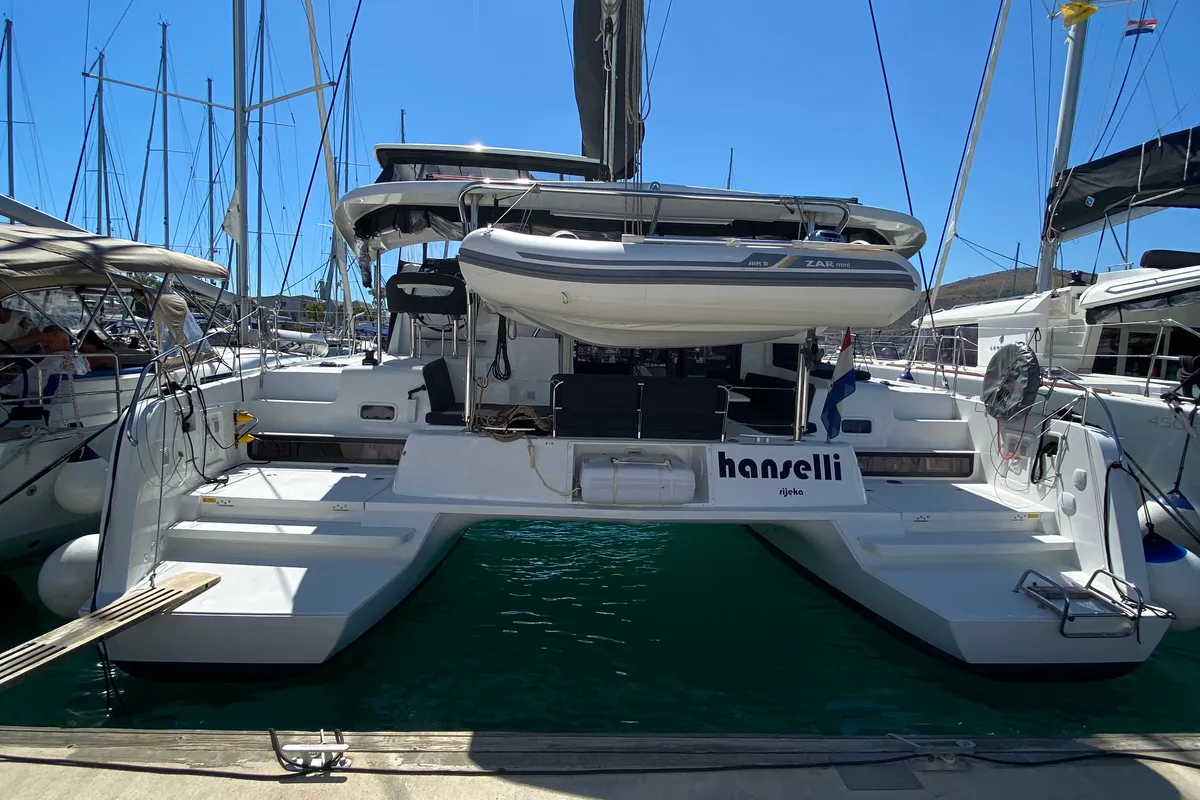 Exterior view of Hanselli, a Lagoon 42 catamaran at Trogir, Croatia