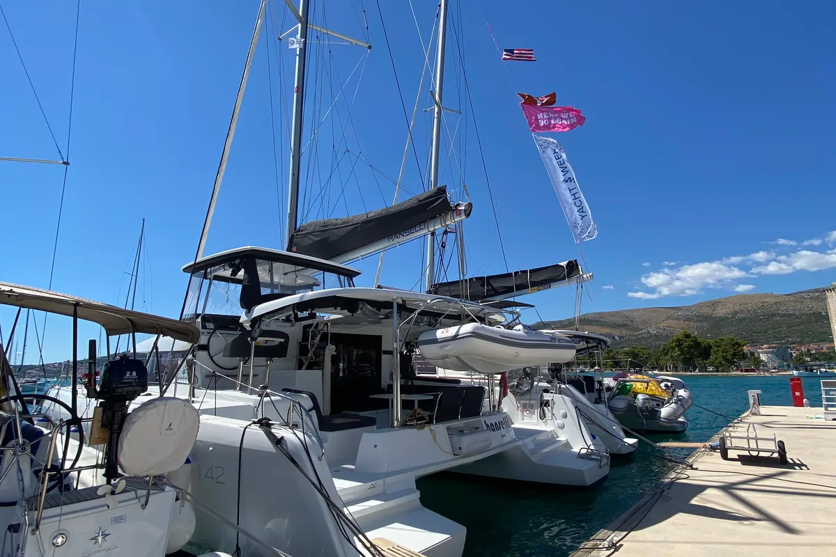 Exterior view of Hanselli, a Lagoon 42 catamaran at Trogir, Croatia