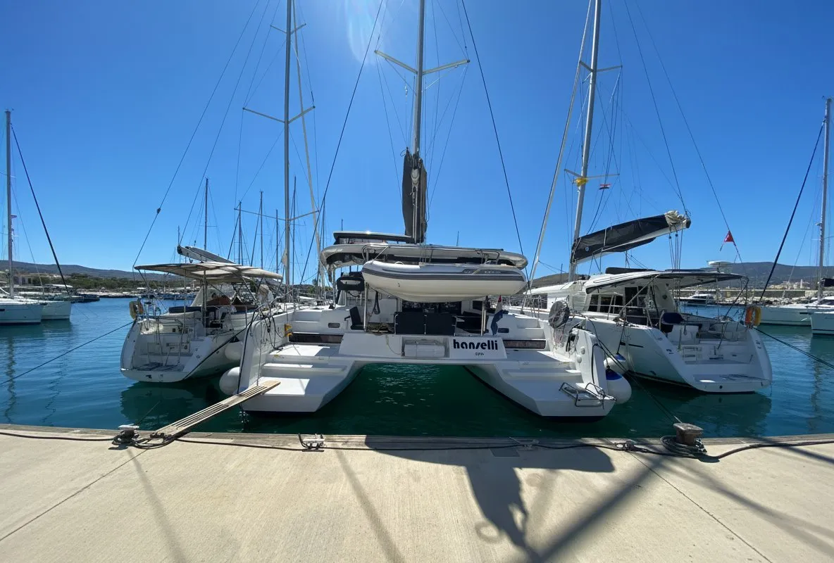 Exterior view of Hanselli, a Lagoon 42 catamaran at Trogir, Croatia