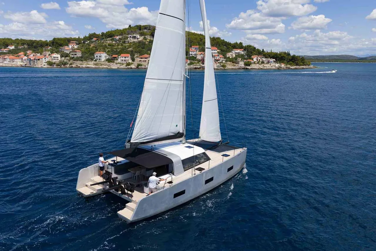 Exterior view of Silence, a Vaan R4 Electric catamaran at Grad Šibenik, Croatia