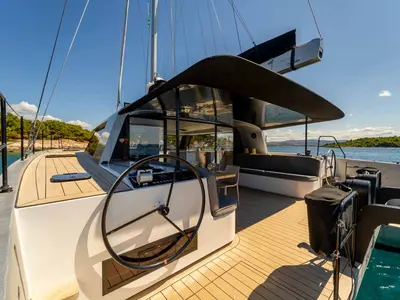 Cockpit of Silence, a Vaan R4 Electric catamaran at Grad Šibenik, Croatia