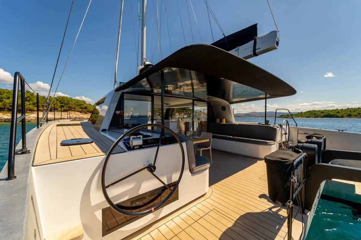 Cockpit of Silence, a Vaan R4 Electric catamaran at Grad Šibenik, Croatia