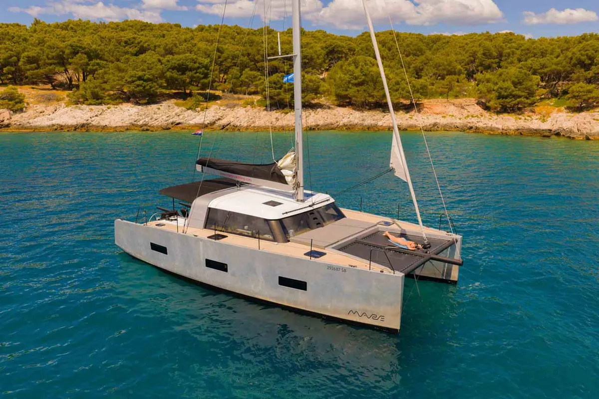 Exterior view of Silence, a Vaan R4 Electric catamaran at Grad Šibenik, Croatia