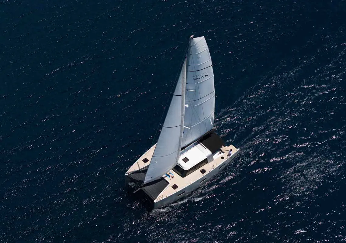 Exterior view of Silence, a Vaan R4 Electric catamaran at Grad Šibenik, Croatia