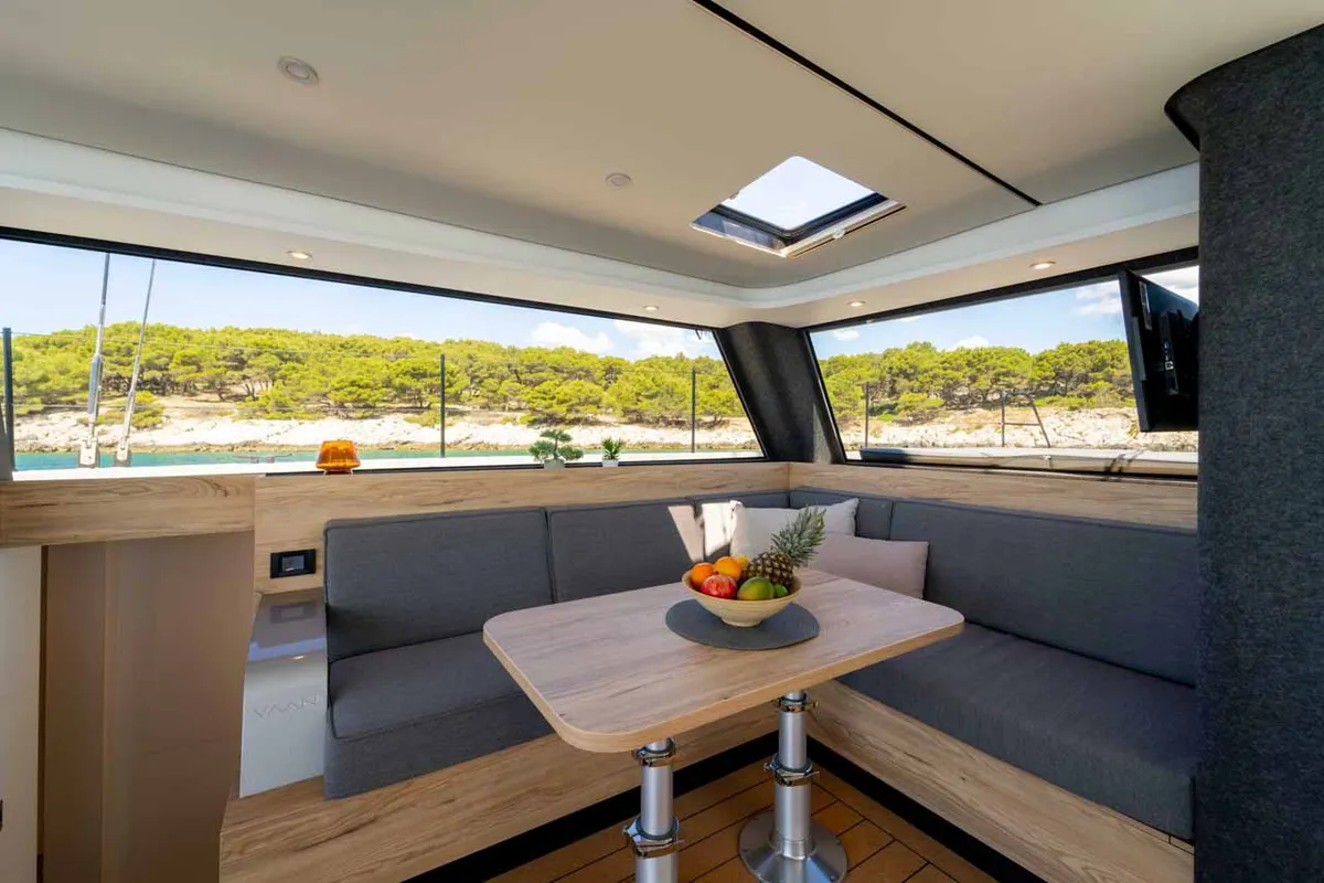 Salon of Silence, a Vaan R4 Electric catamaran at Grad Šibenik, Croatia