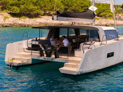 Deck of Silence, a Vaan R4 Electric catamaran at Grad Šibenik, Croatia