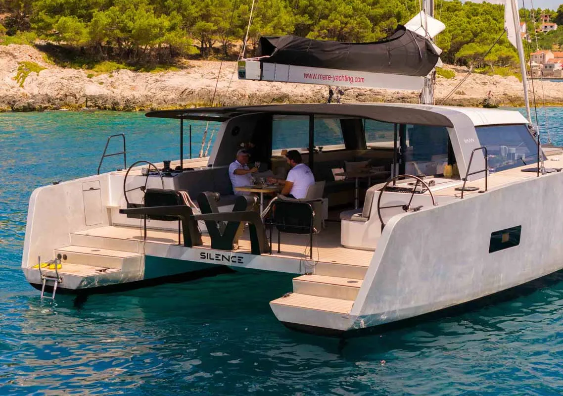 Deck of Silence, a Vaan R4 Electric catamaran at Grad Šibenik, Croatia