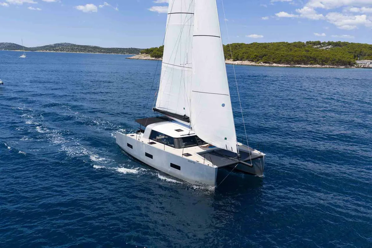 Exterior view of Silence, a Vaan R4 Electric catamaran at Grad Šibenik, Croatia