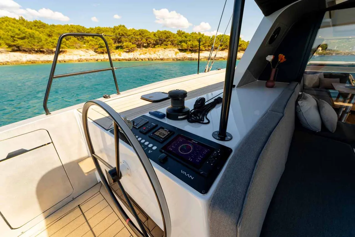 Cockpit of Silence, a Vaan R4 Electric catamaran at Grad Šibenik, Croatia