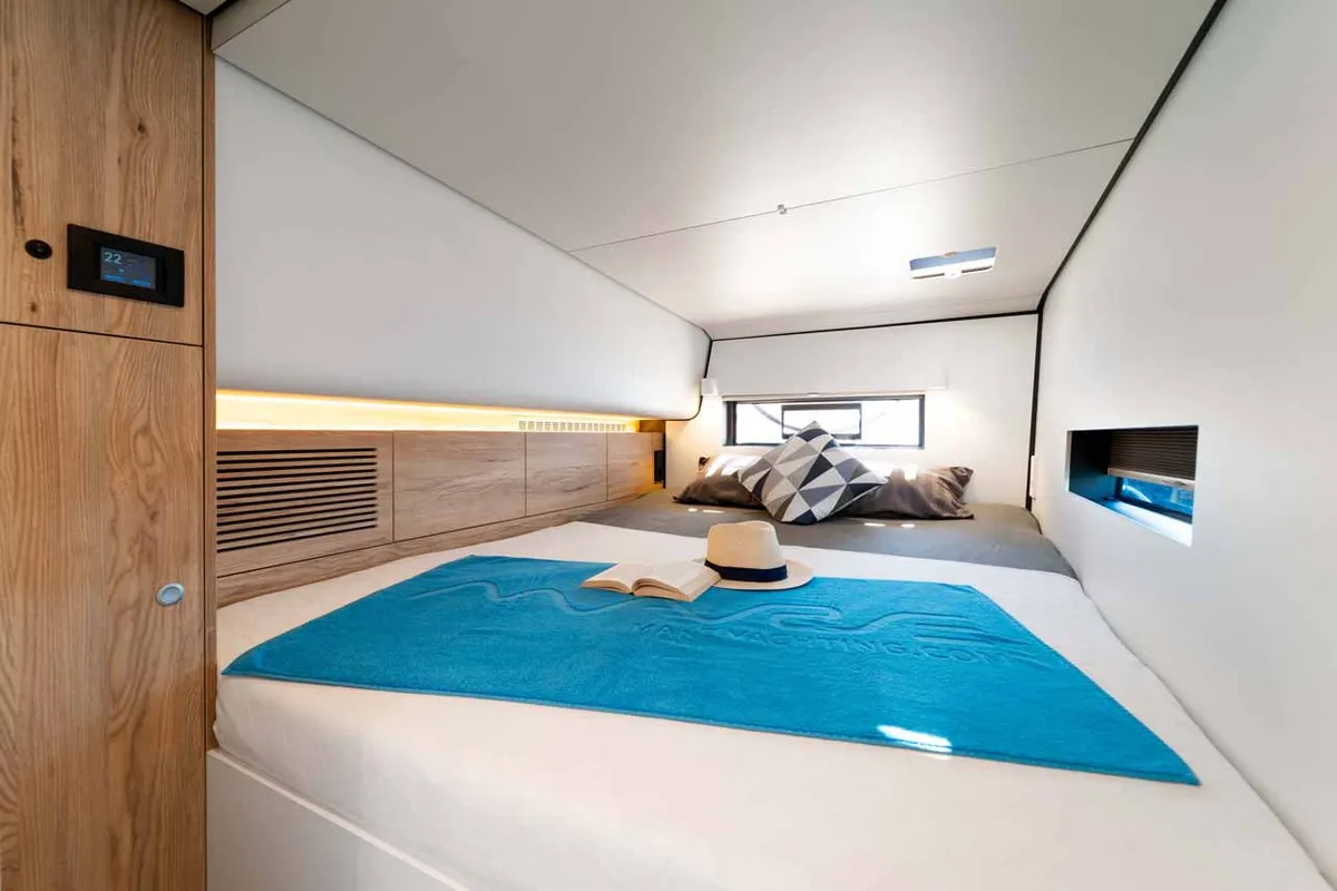 Cabin on Silence, a Vaan R4 Electric catamaran at Grad Šibenik, Croatia