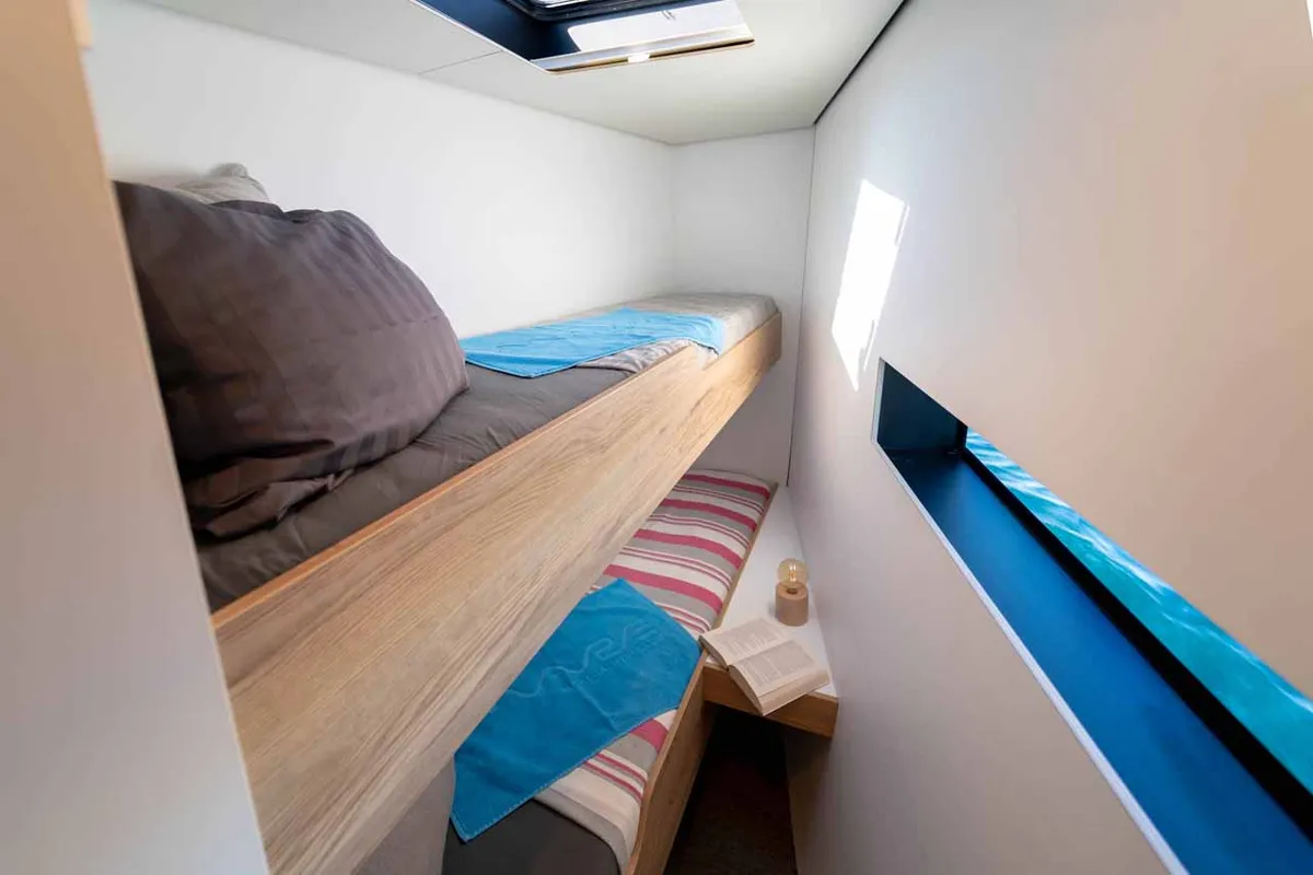 Cabin on Silence, a Vaan R4 Electric catamaran at Grad Šibenik, Croatia