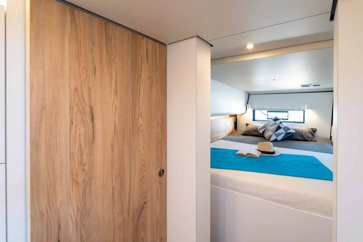 Cabin on Silence, a Vaan R4 Electric catamaran at Grad Šibenik, Croatia