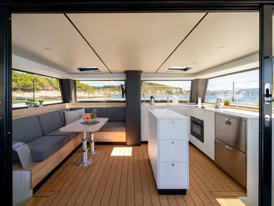Galley of Silence, a Vaan R4 Electric catamaran at Grad Šibenik, Croatia