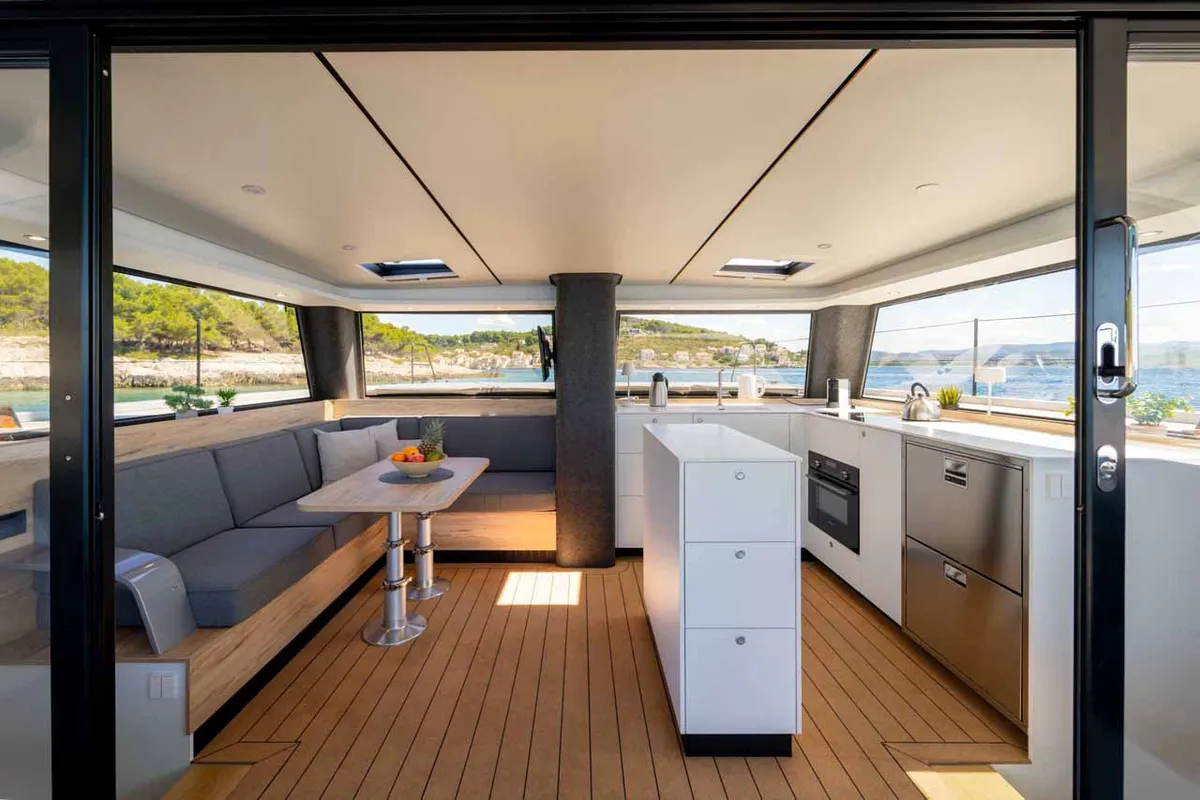 Galley of Silence, a Vaan R4 Electric catamaran at Grad Šibenik, Croatia