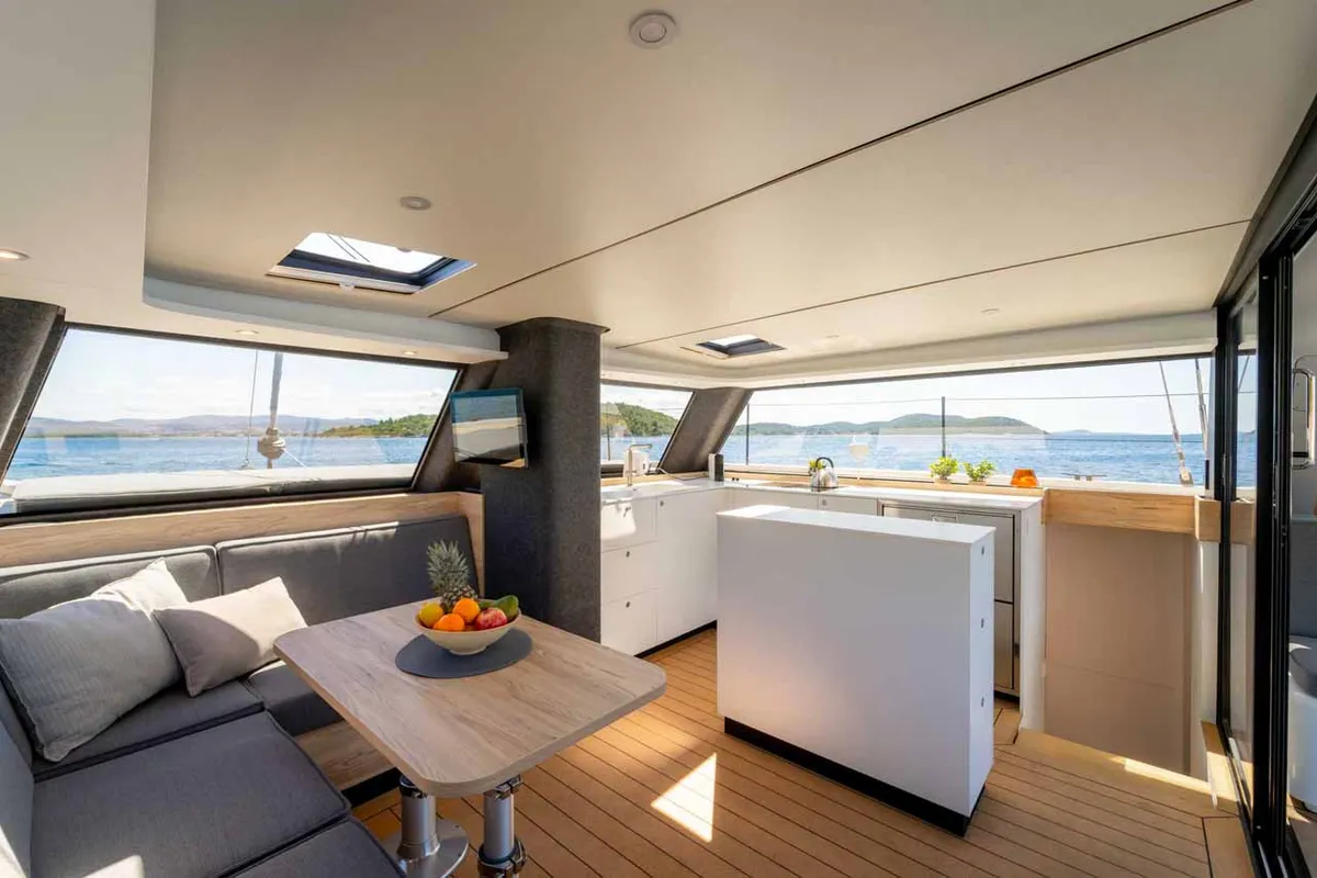 Salon of Silence, a Vaan R4 Electric catamaran at Grad Šibenik, Croatia