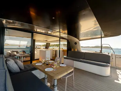Salon of Silence, a Vaan R4 Electric catamaran at Grad Šibenik, Croatia