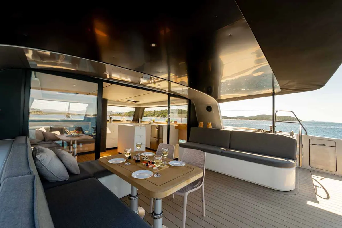 Salon of Silence, a Vaan R4 Electric catamaran at Grad Šibenik, Croatia