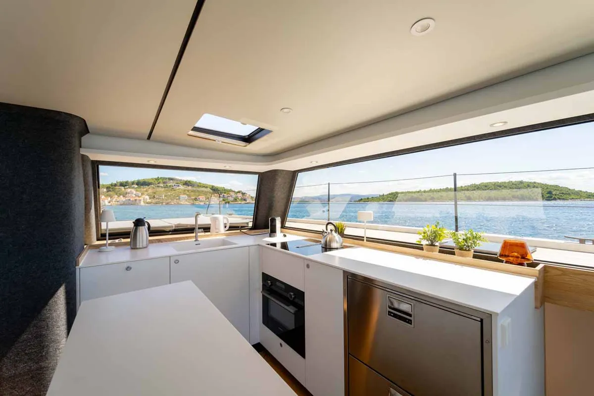 Galley of Silence, a Vaan R4 Electric catamaran at Grad Šibenik, Croatia